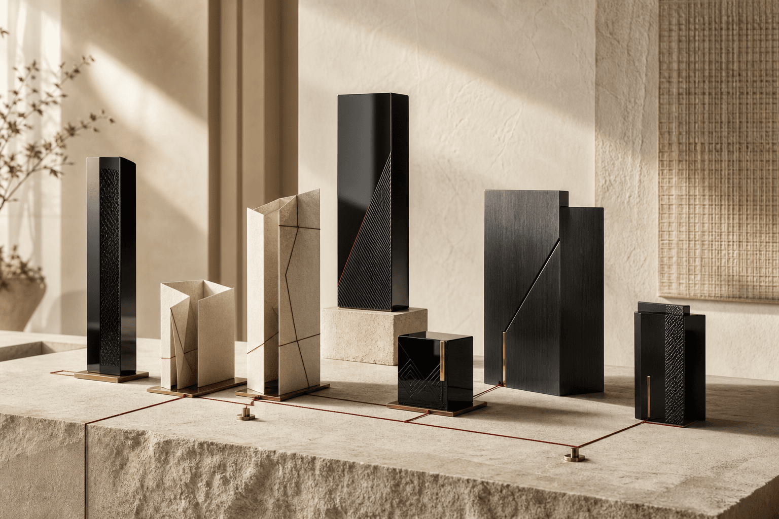 A sculptural family of six connected forms representing DaulatLabs products